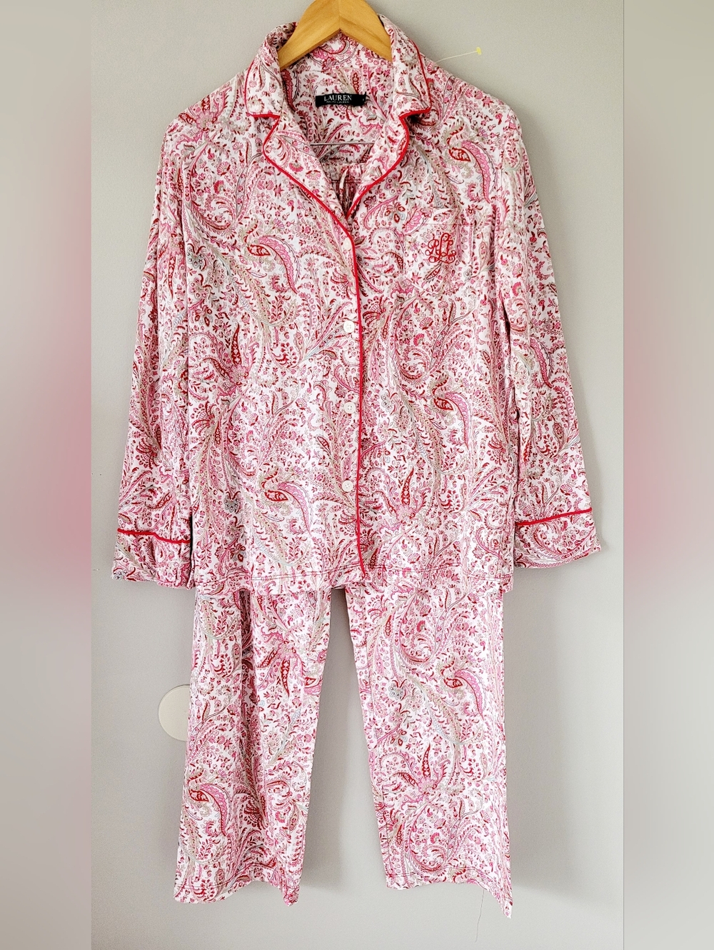 Ralph Lauren Pink Paisley Cotton Blend 2-pc. Pajamas Set LRL Embroidery Medium - Picture 4 of 16